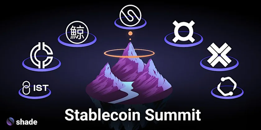 A picture that shows the cover picture for the Stablecoin Summit hosted by Shade Protocol and attended by Maker DAO, FRAX, Kujira and Cosmos stablecoin developers