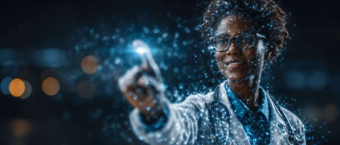 Healthcare professionals analyzing transparent cost control data in futuristic command center
