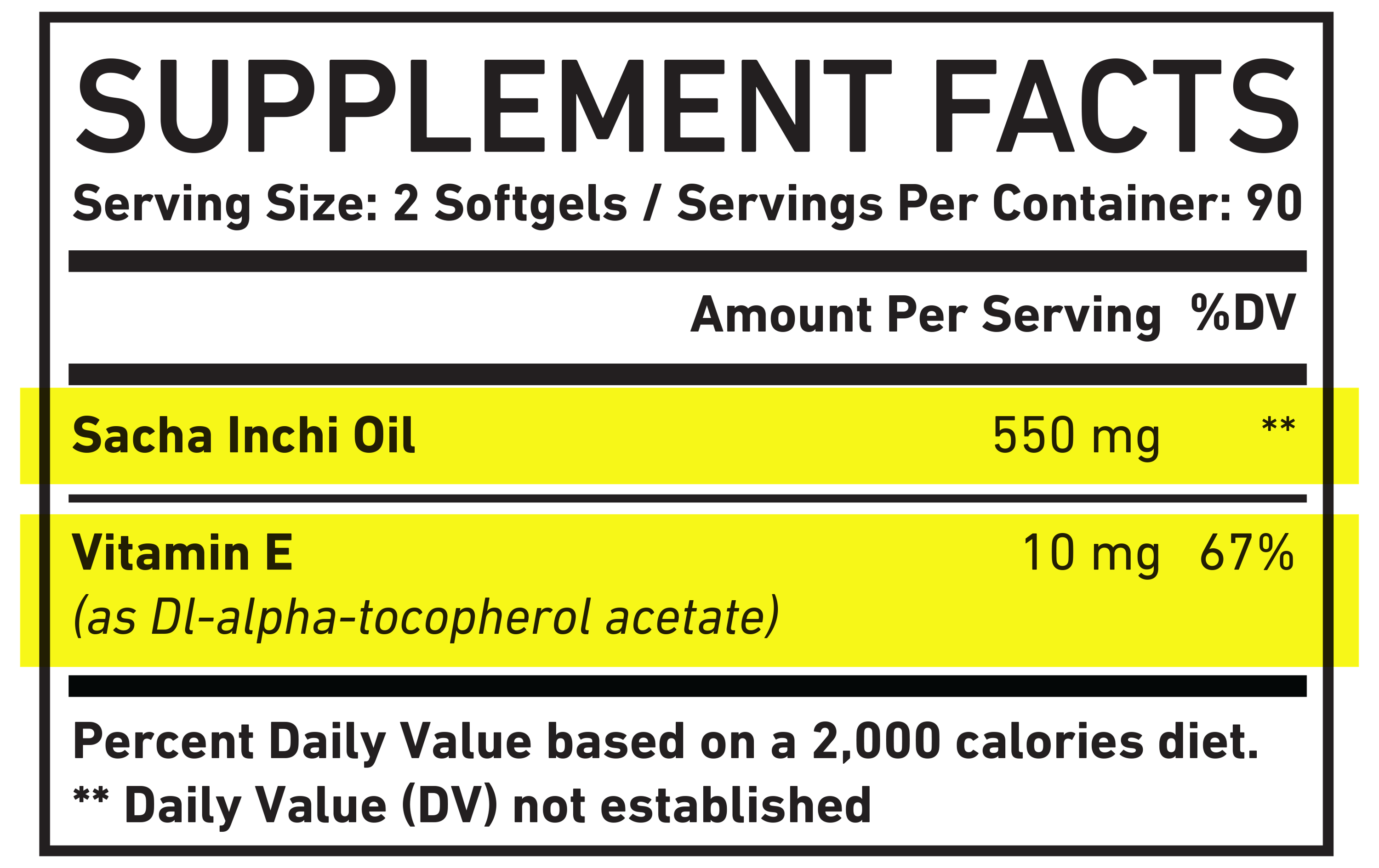Supplement facts for sacha inchi oil capsules showing 550mg sacha inchi oil and 10mg Vitamin E per 2-softgel serving, 90 servings per container
