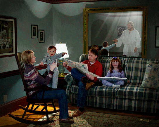 Painting of a family spending time together in a living room. In the mirror, Jesus is visible.