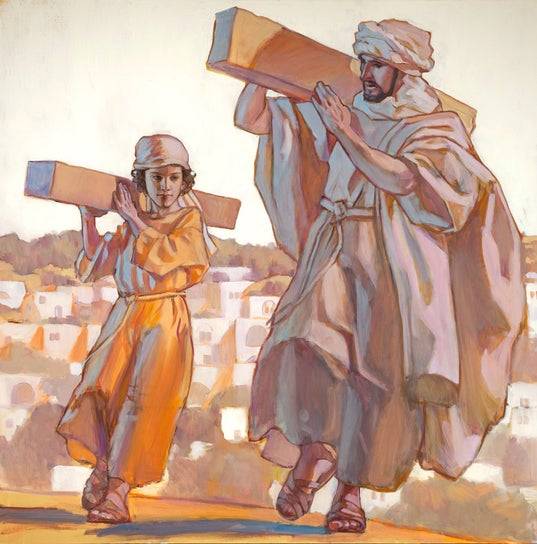 Joseph and young Jesus carrying beams of wood on their shoulders.