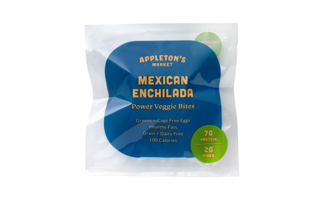 Appleton's Market Mexican Enchilada Power Veggie Bites in package - full of cage free eggs, zesty chili, black beans,  broccoli, kale, carrots, chickpea flour, quinoa paleo and keto friendly gluten free grain free dairy free