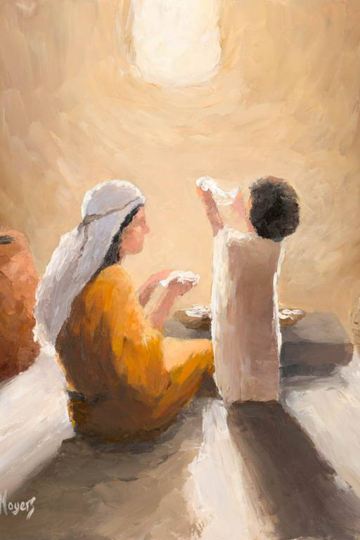 Impressionist painting of Mary and baby Jesus.