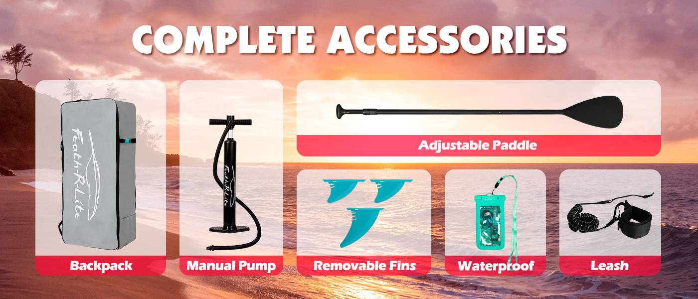 You will receive your blow up paddle board with complete accessories: backpack, manual pump, adjustable paddle, removable fins, waterproof phone pouch, leash