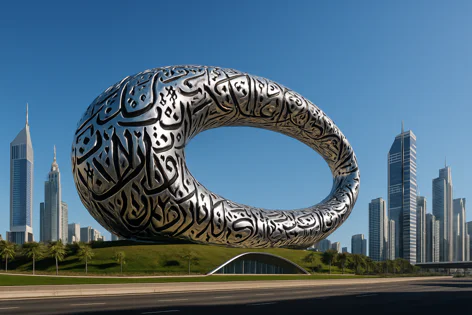 The futuristic Museum of the Future in Dubai, a large silver ring-shaped building covered in Arabic calligraphy, against a blue sky with city skyscrapers.