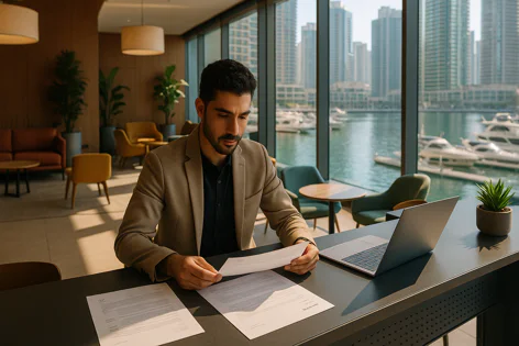 Professional man in a suit jacket reviewing documents at a desk in a modern office lounge with a waterfront view of yachts and city skyscrapers.