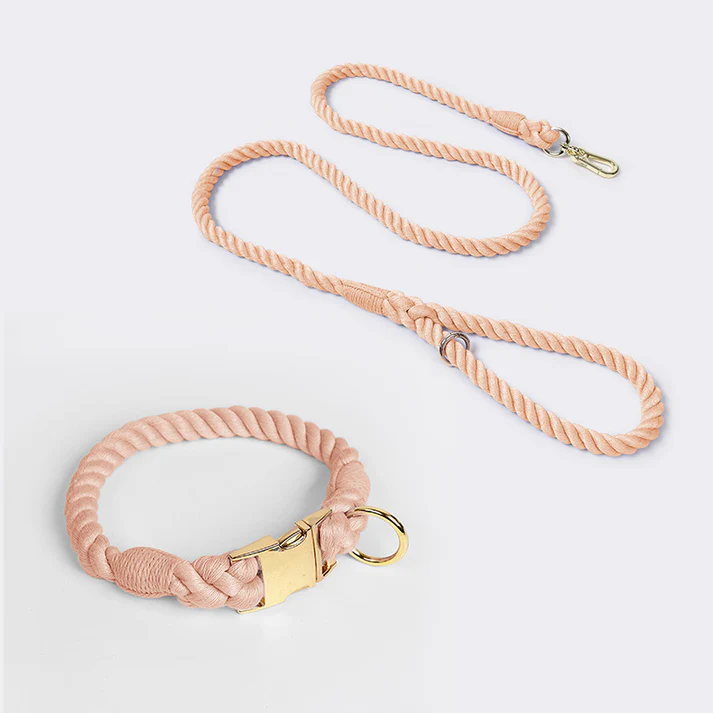 Leather Pink Handmade Rope Dog Collar and Leash Set - Colorful Woven Cotton
