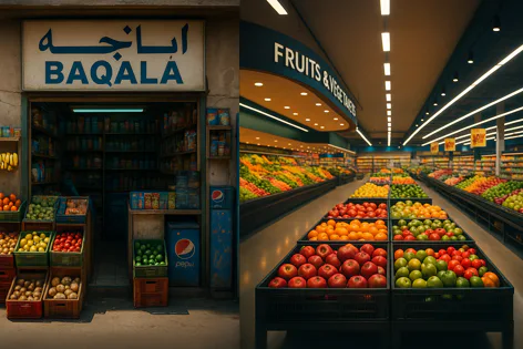 Contrasting image of a small Baqala grocery store entrance with outdoor produce and a modern supermarket aisle displaying abundant, colorful fruits and vegetables.