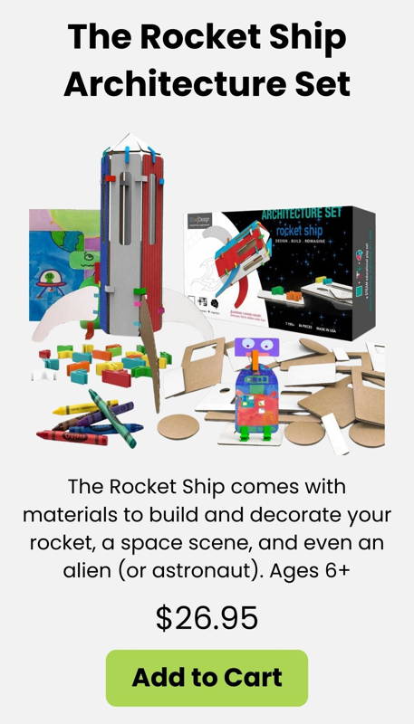 A hands-on space-themed STEM and architecture kit for ages 6+. Kids build and decorate a cardboard rocket ship, create a space scene, and design an alien or astronaut. Great for creative play, early engineering, makerspaces, and at-home or classroom STEM projects.