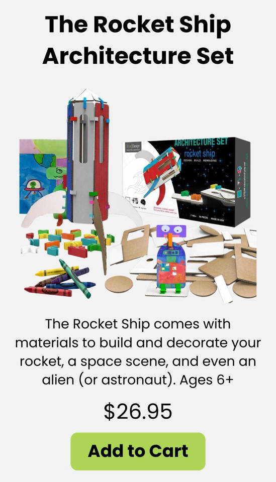 A hands-on space-themed STEM and architecture kit for ages 6+. Kids build and decorate a cardboard rocket ship, create a space scene, and design an alien or astronaut. Great for creative play, early engineering, makerspaces, and at-home or classroom STEM projects.