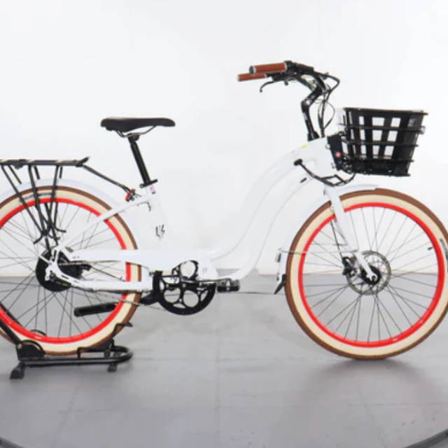 A white Electric Bike beach cruiser