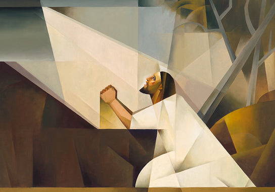 Geometric painting of Jesus praying in the GArden of Gethsemane. 