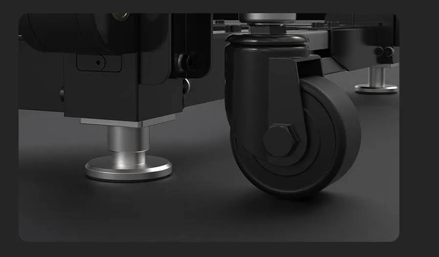 mobile base woodworking machinery mobility system M-1500Pro quadsteady stability system swivel casters maintain constant contact with the ground, whether the base support legs are raised or lowered, keeping tabletop height consistent