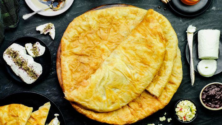 Fiteer, flaky Egyptian pastry available in sweet or savory variations, often enjoyed as a snack or dessert