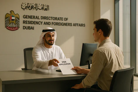 Emirati man hands a visa application form to a client at the General Directorate of Residency and Foreigners Affairs in Dubai.