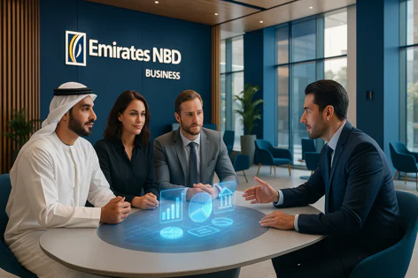 Four business professionals in an Emirates NBD office discuss finance and strategy using glowing holographic data visualizations projected on a table.