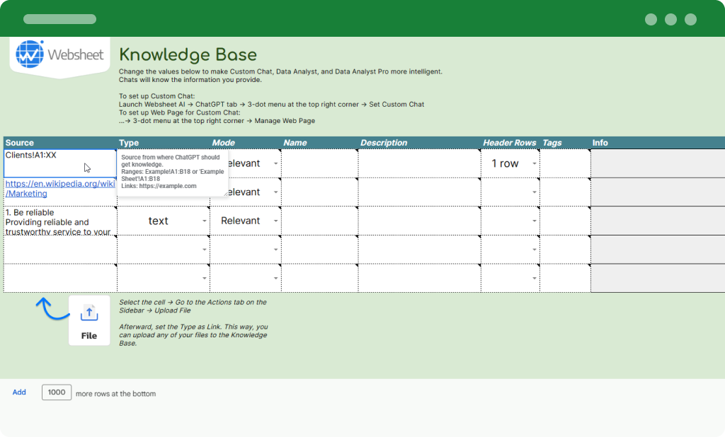 Filling the Knowledge Base on _Data sheet to provide more information to own chat
