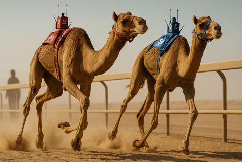 Two camels with robotic jockeys race on a sandy track kicking up dust. One camel has a red harness and jockey, the other a blue one. They run side by side in a desert landscape.