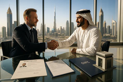 Businessmen shaking hands over investor visa documents and DIFC folder at a table overlooking the Dubai skyline and Burj Khalifa.