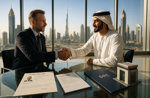 Businessmen shaking hands over investor visa documents and DIFC folder at a table overlooking the Dubai skyline and Burj Khalifa.