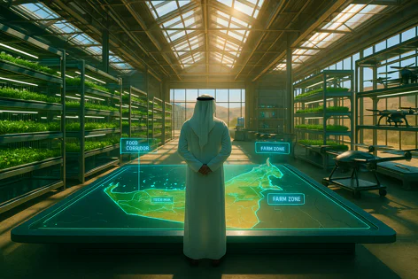 Man in Middle Eastern attire viewing glowing map of strategic food and tech zones in a modern vertical farm with rows of plants and drones.
