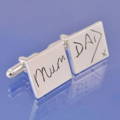 A rectangular pair of cufflinks in silver. Memorial jewellery handwriting cufflinks