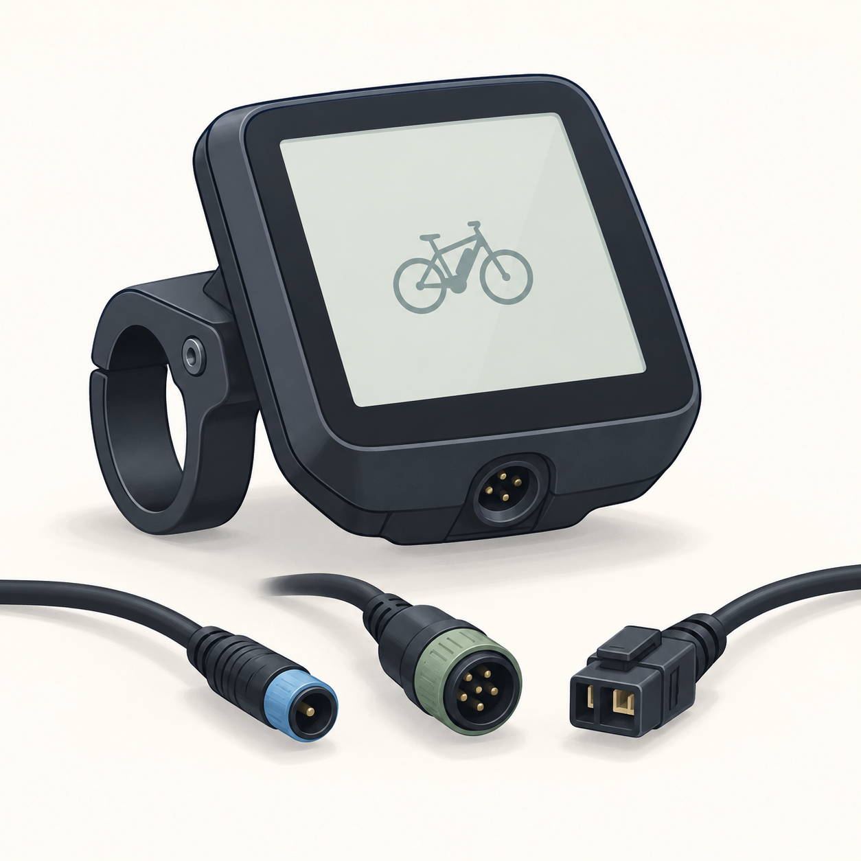 Drie verschillende stekkers naast één e-bikedisplay