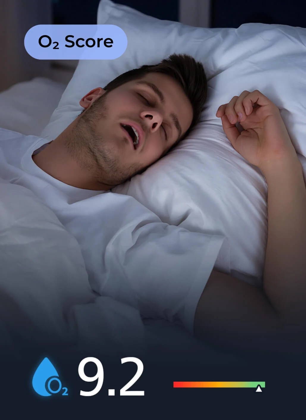 Man sleeping with Wellue O2RingS, oxygen score of 9.2 displayed from sleep analysis
