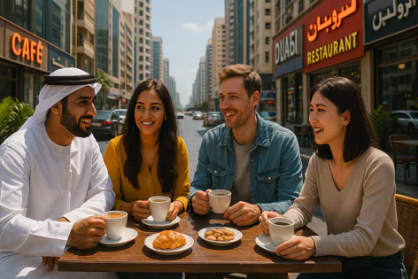 Four diverse friends enjoying coffee and pastries at an outdoor cafe table on a sunny day in a busy city street setting.