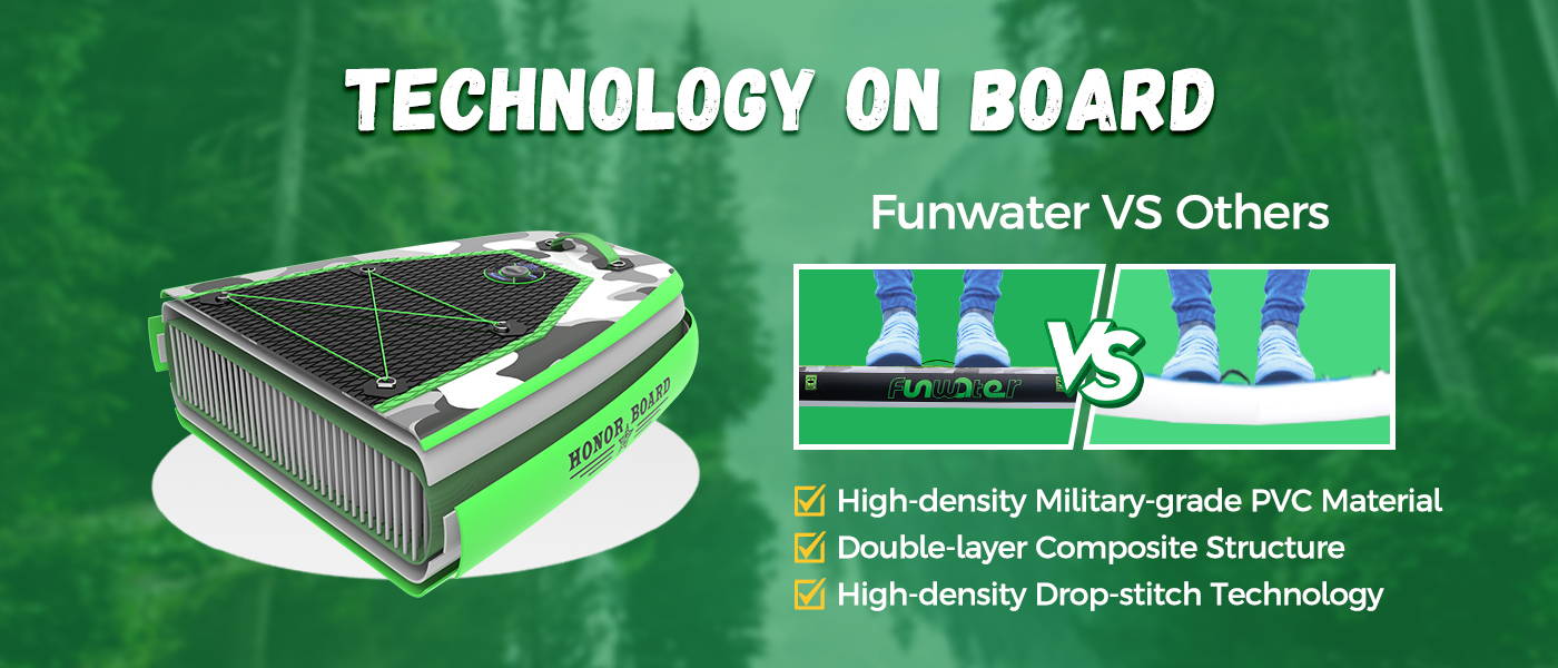 Funwater paddle board technology on SUP board: high-density military-grade PVC material, double-layer composite structure, high-density drop-stitch technology