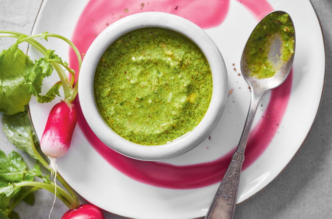 Radish Leaf Pesto with Almonds and Lemon