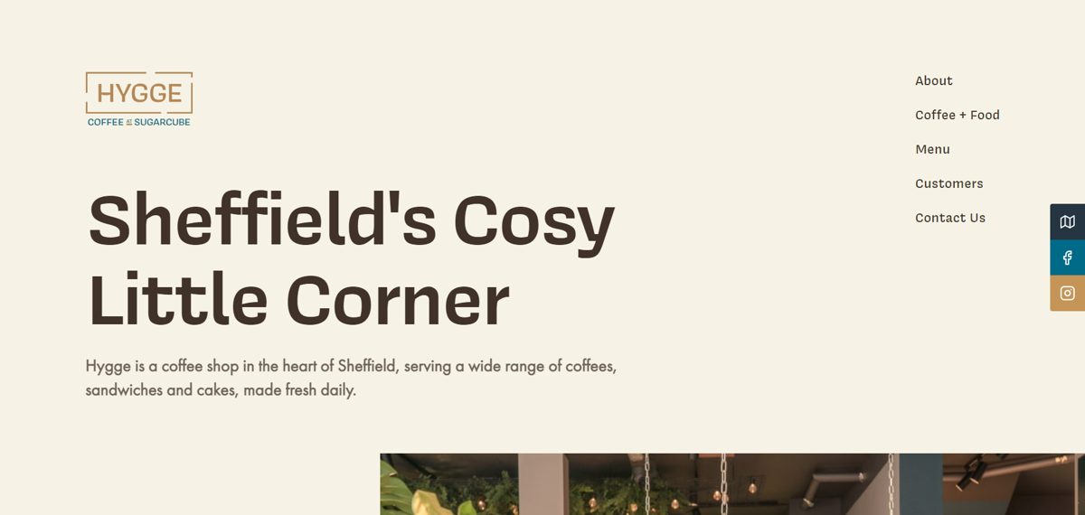 Screenshot of Hygge Café, from the cafe & coffee shop websites collection.