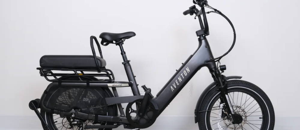 A silver Aventon Abound SR electric cargo bike