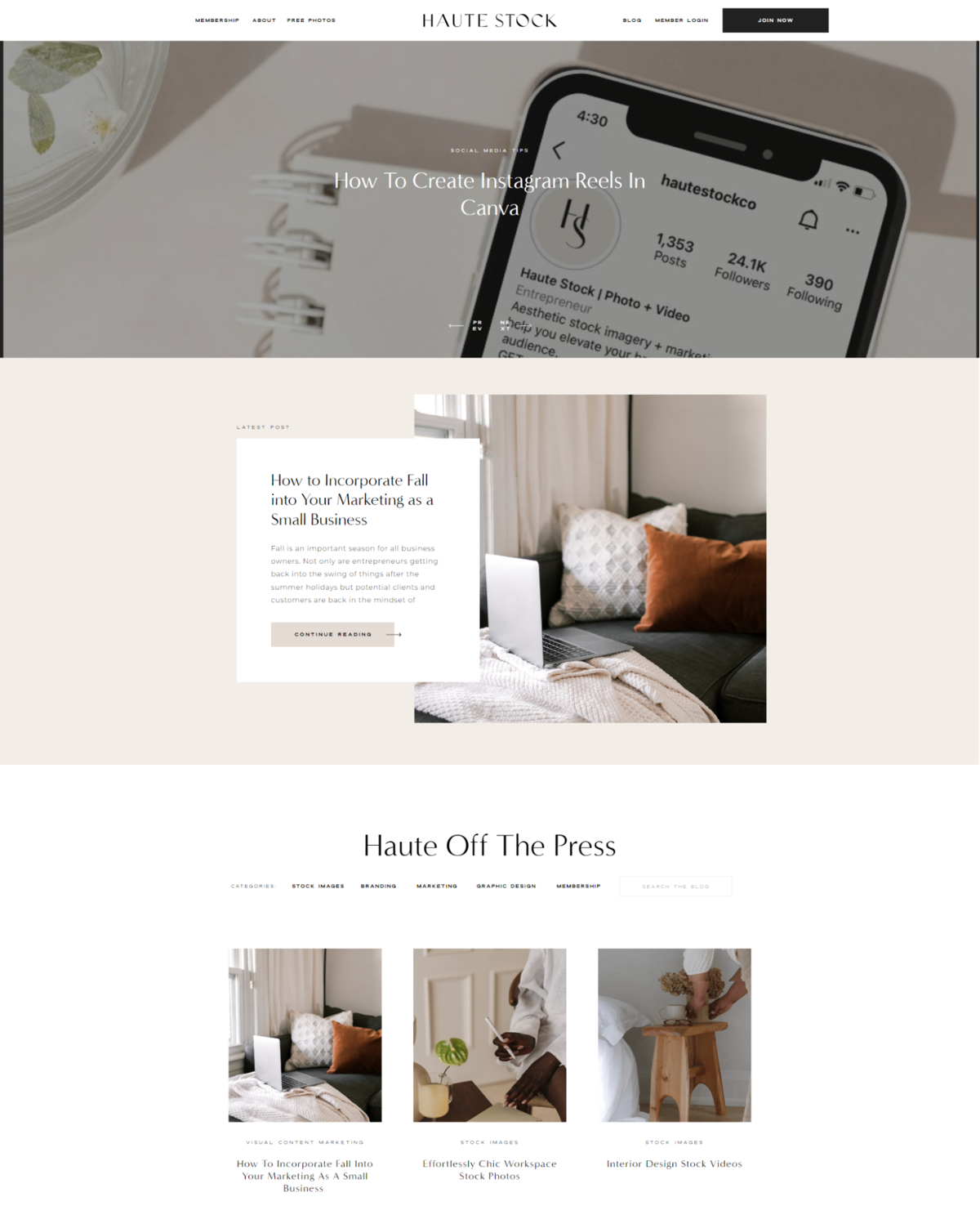 Screenshot of Haute Stock, from the squarespace blog examples collection.