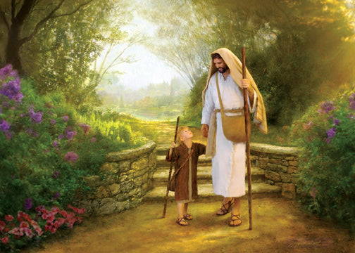 Jesus walking with with a young shepherd boy.