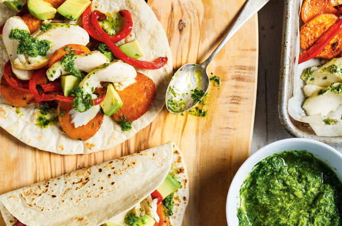 Sheet-Pan Fish Tacos with Cilantro Salsa