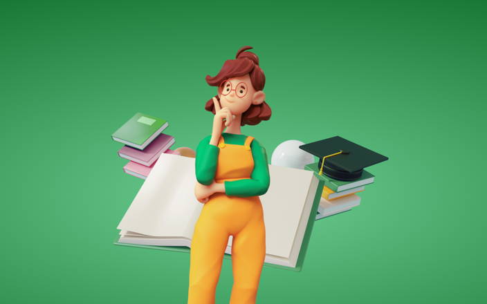Woman thinking with a pile of books and a graduation cap (preview)