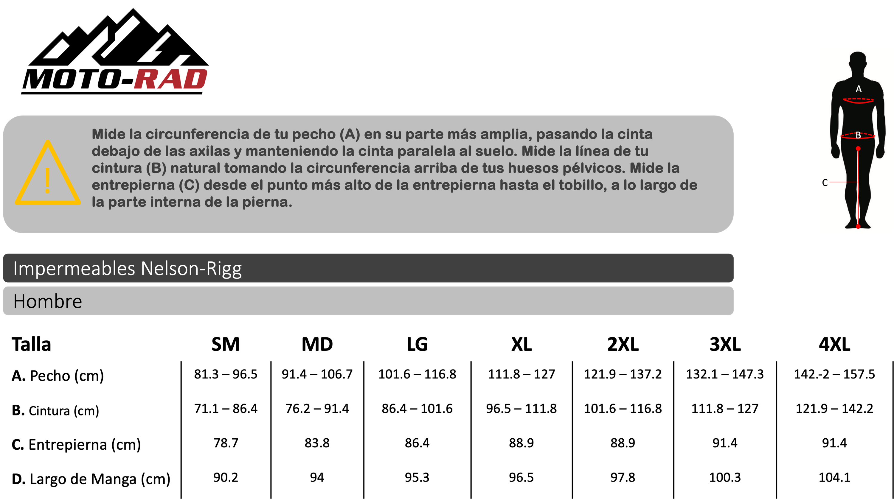Guia de Tallas Impermeables Nelson-Rigg