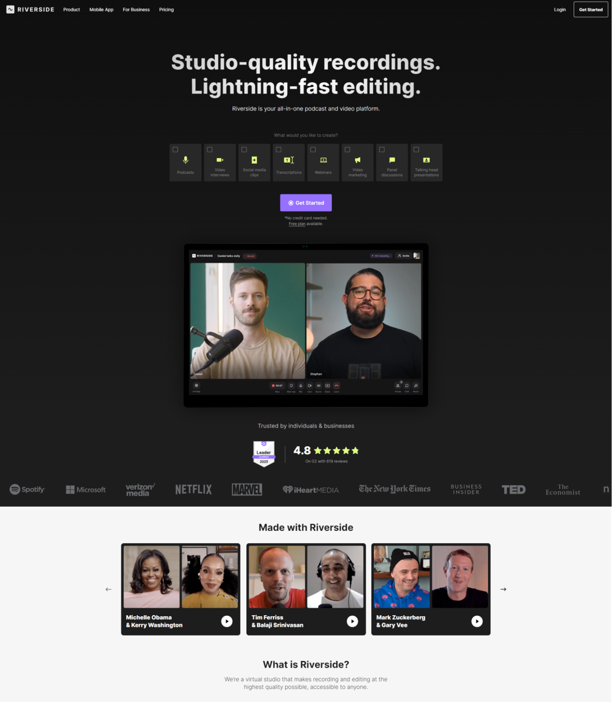 Screenshot of Riverside.fm, from the saas websites collection.