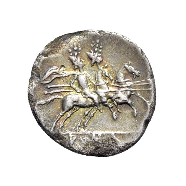 Ancient Roman Republic silver coin of the Dioscuri (Gemini twins) riding horses.