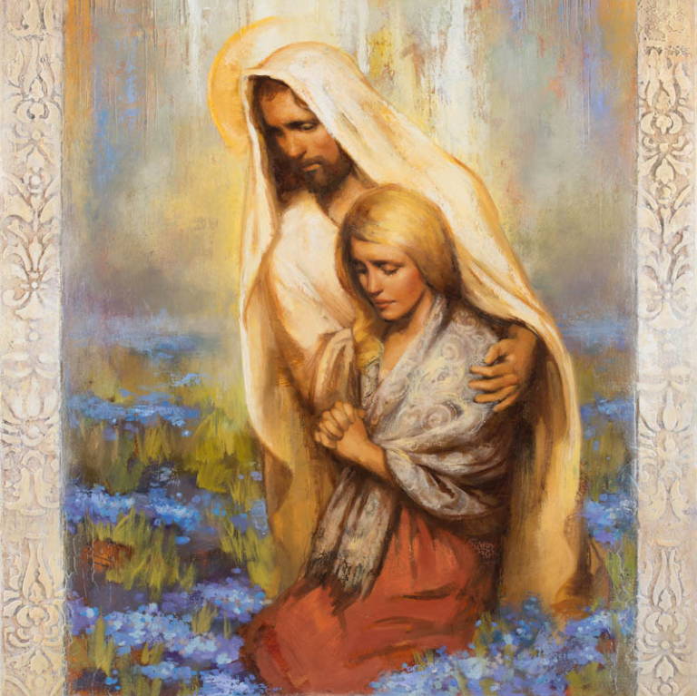 Jesus comforting a woman kneeling in prayer.
