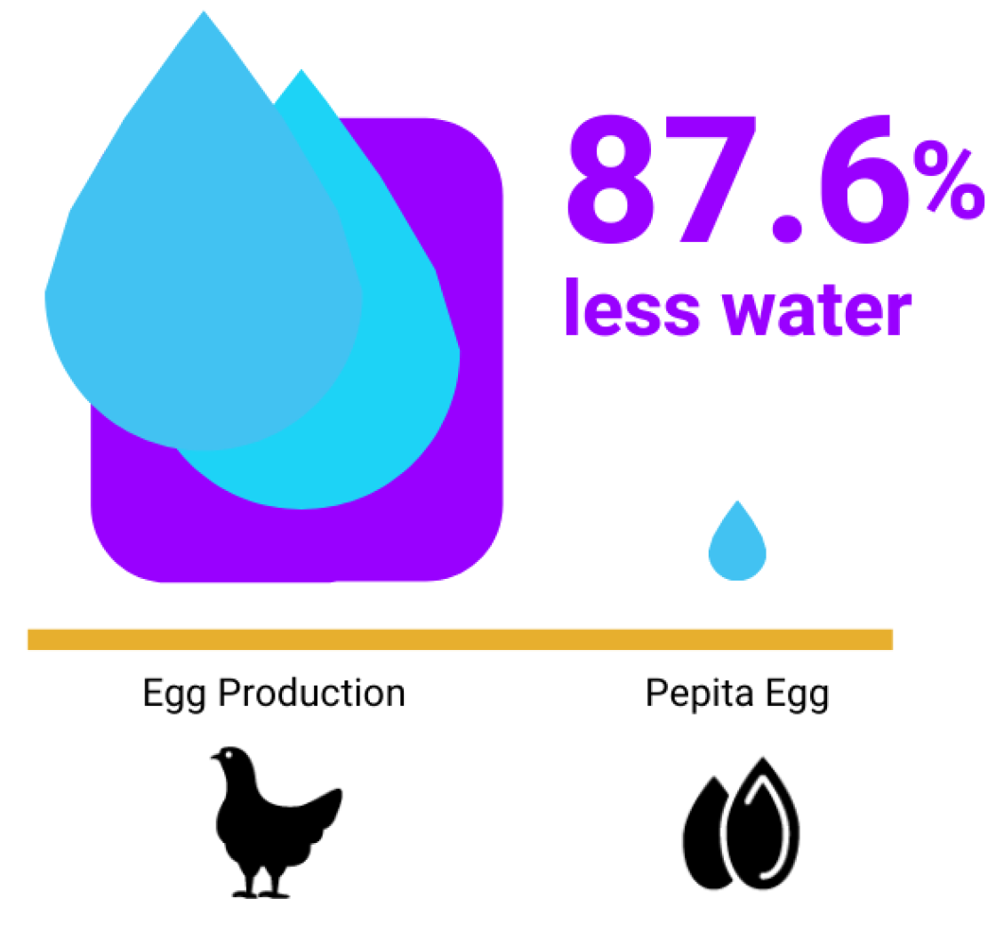 Spero Pepita egg is good earth. 87.6% less water than conventional egg production. Sustainability