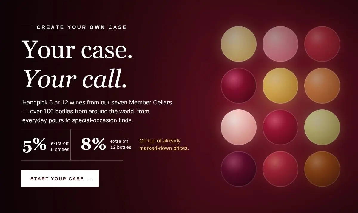Image shows Create Your Own Case program that lets you handpick your own mix of 6 or 12 wines from our seven Member Cellars (over 100 wines from different regions, from everyday bottles to special-occasion wines) and save an extra 5% on 6 bottles or 8% on 12, on top of already marked-down prices.