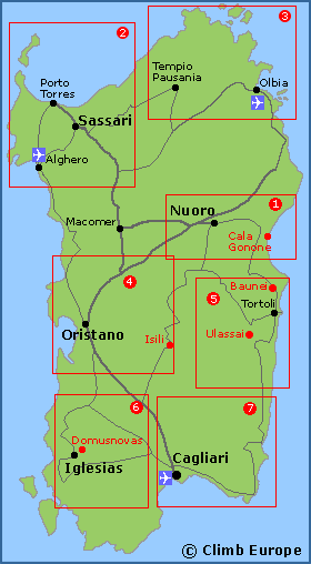 Map of the main rock climbing and bouldering areas within Sardinia