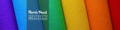 Logo Usine de filage de Harris Tweed Kenneth MacKenzie avec des rouleaux de Harris Tweed de différentes couleurs bleu, bleu ciel, vert, jaune, orange et rouge