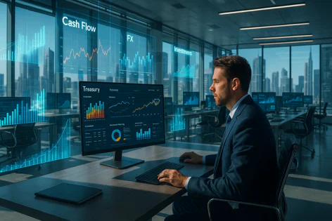 Man in suit analyzes financial data visualizations, including treasury charts, cash flow, FX, and investments, on a computer in a modern office.