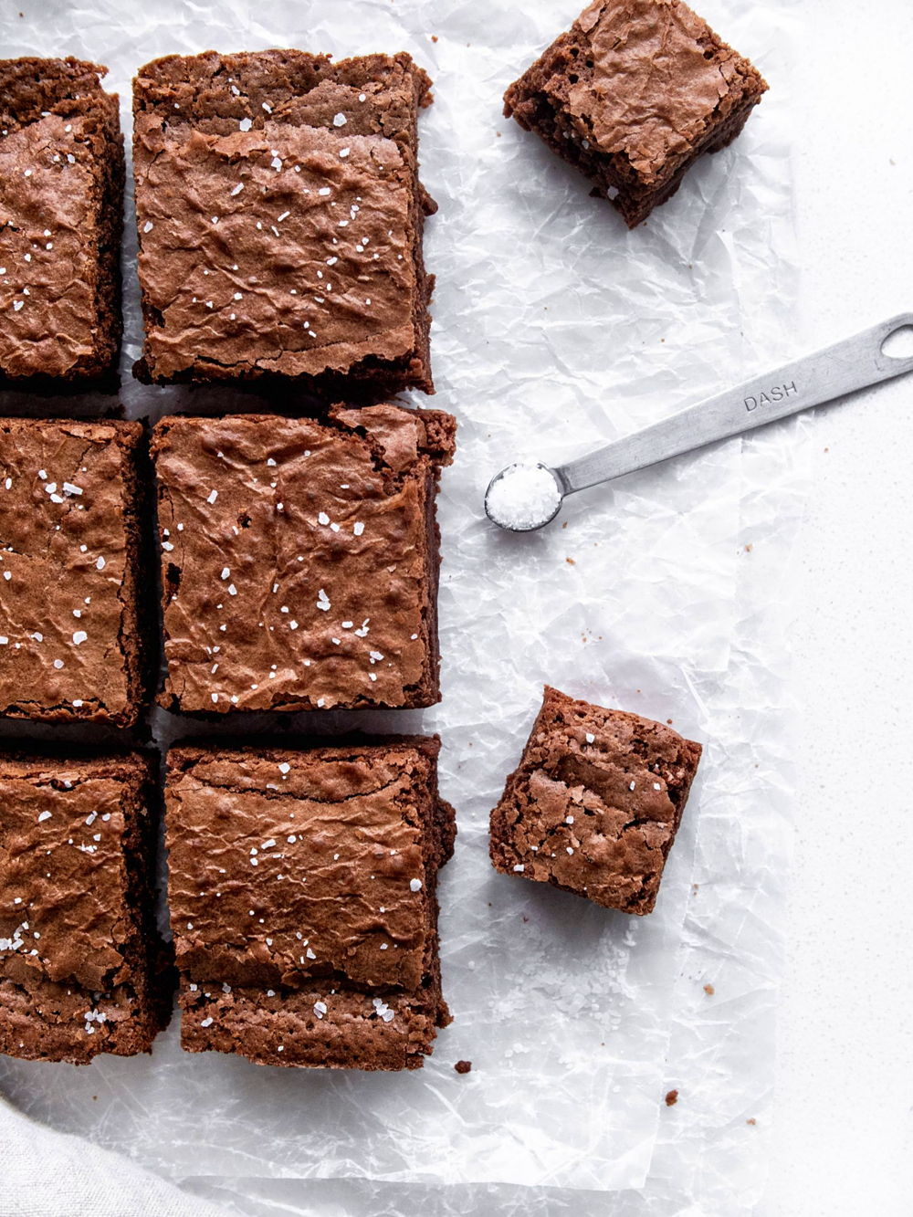 Brownies from above, sliced into squares with a sprinkle of salt