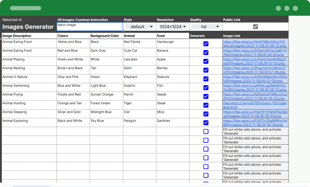 Filled websheet