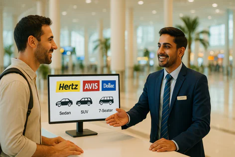 Smiling man talking to rental car agent at counter with screen showing Hertz, Avis, Dollar, and vehicle types Sedan, SUV, 7-Seater.