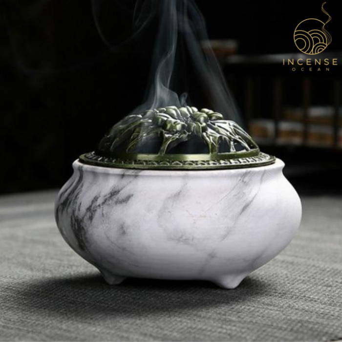 Marble Coil Censer Incense Burner Copper Cover Ceramic